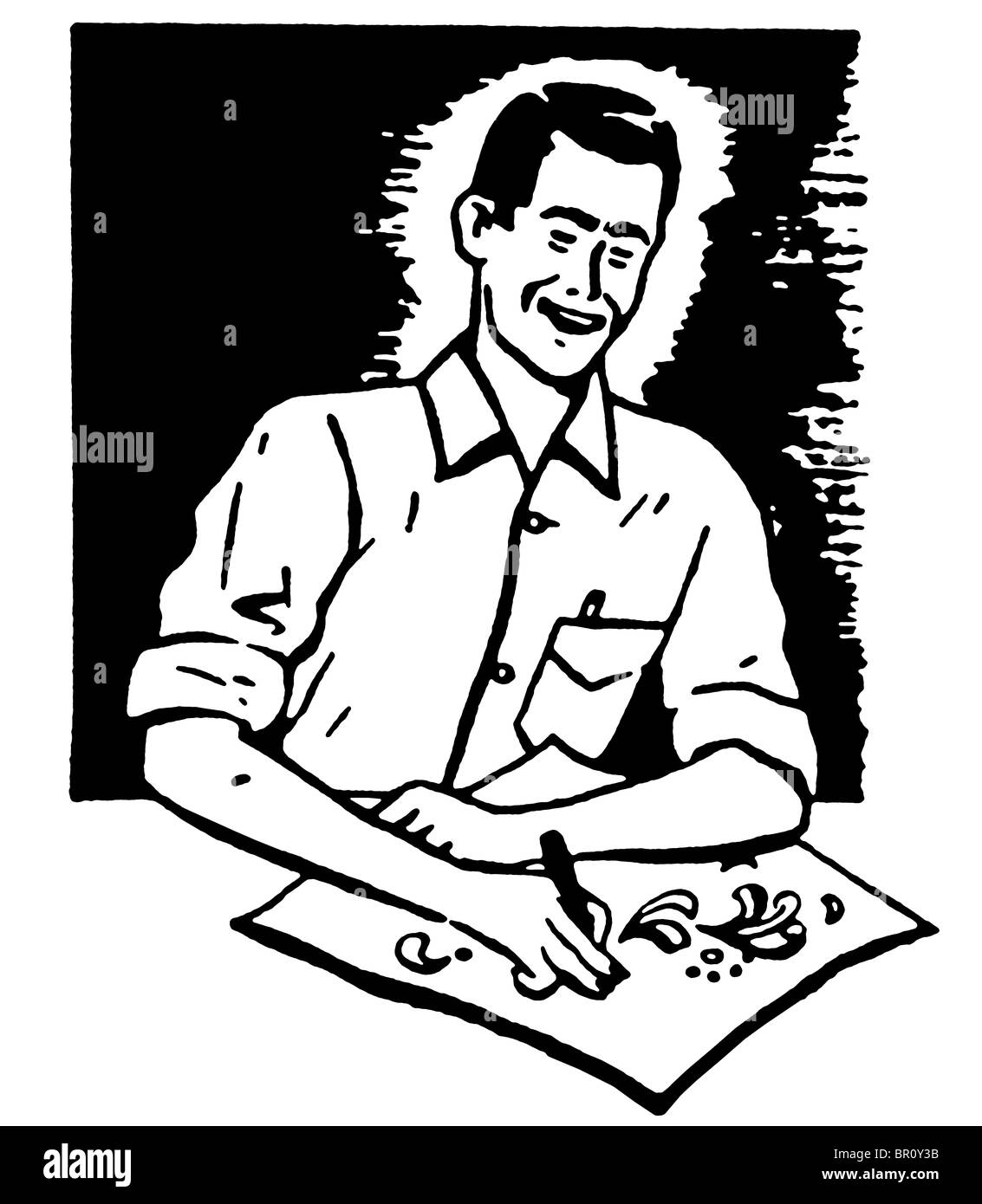 Una versione in bianco e nero di un'illustrazione di un uomo il disegno di una foto a una scrivania Foto Stock