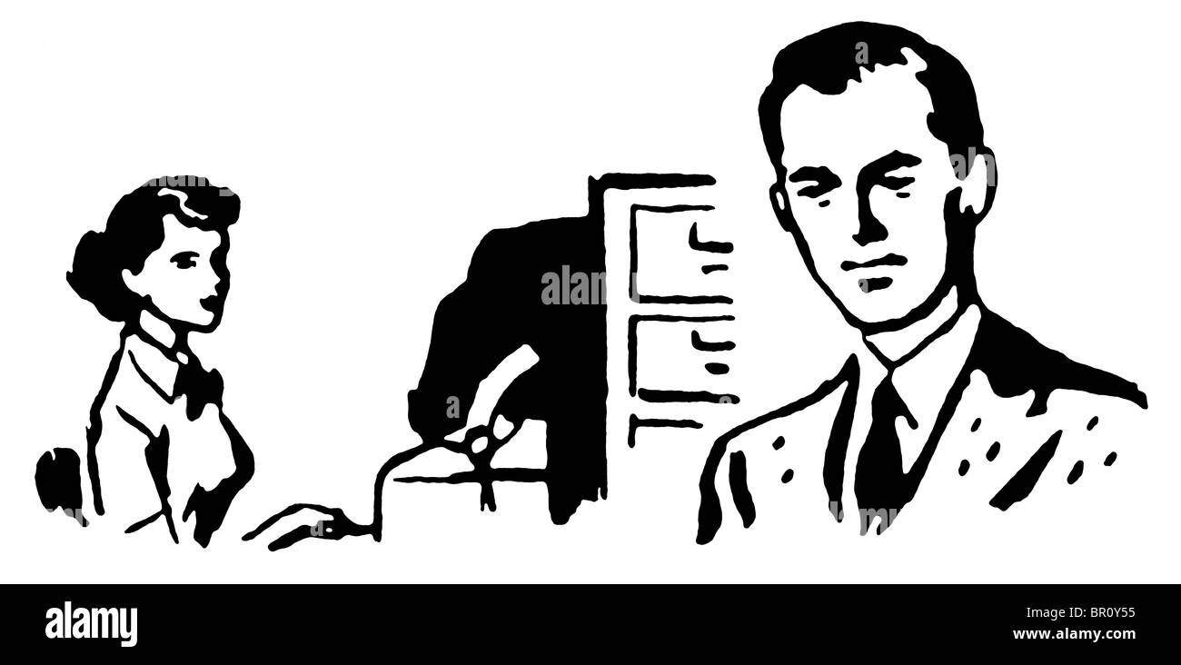 Una versione in bianco e nero di un uomo d affari con il suo segretario digitando dietro di lui Foto Stock