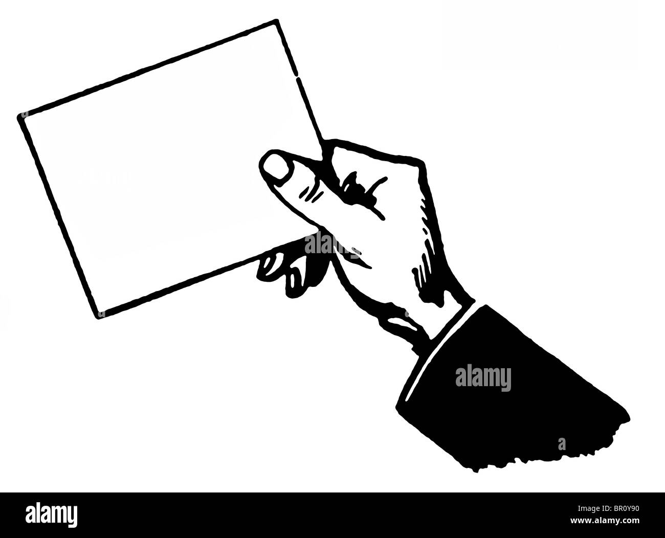 Una versione in bianco e nero di un disegno di una mano che tiene una scheda vuota Foto Stock
