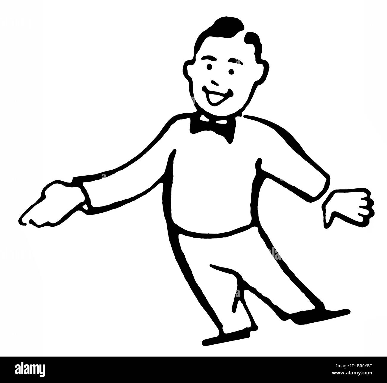 Un nero una versione bianca di un cartone animato in stile di disegno di un uomo vestito con una tuta lounge puntando il dito Foto Stock