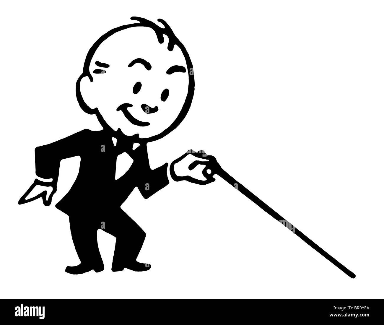 Un nero una versione bianca di un cartone animato in stile di disegno di un piccolo uomo vestito in un salotto privato con una canna da zucchero Foto Stock