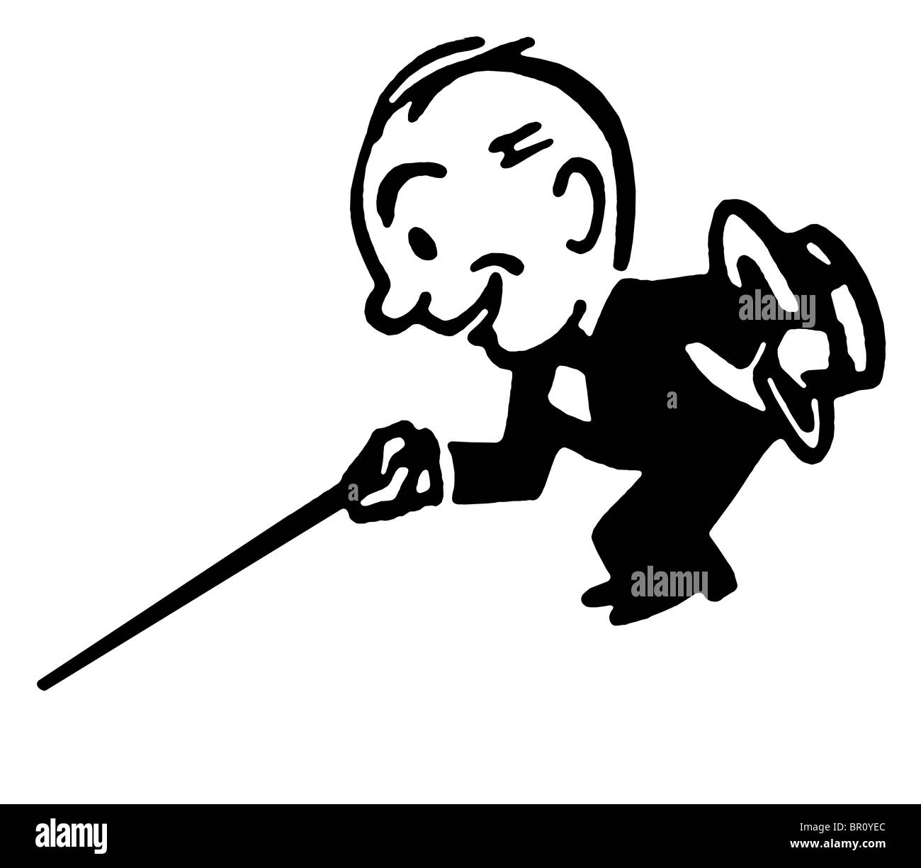Un nero una versione bianca di un cartone animato in stile di disegno di un piccolo uomo vestito in un salotto privato con una canna da zucchero Foto Stock
