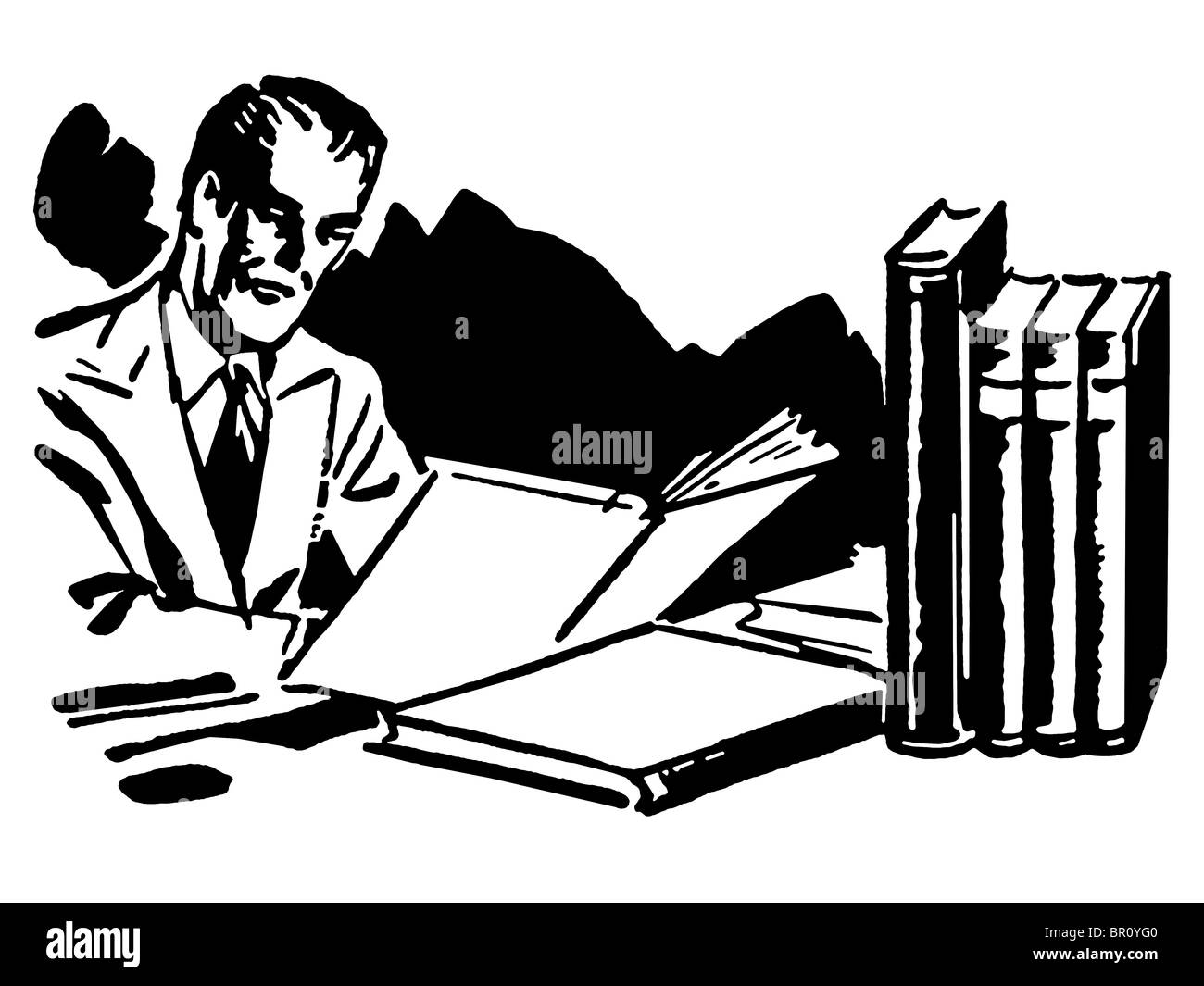 Una versione in bianco e nero di una illustrazione grafica di un uomo d affari lavorando sodo alla sua scrivania Foto Stock