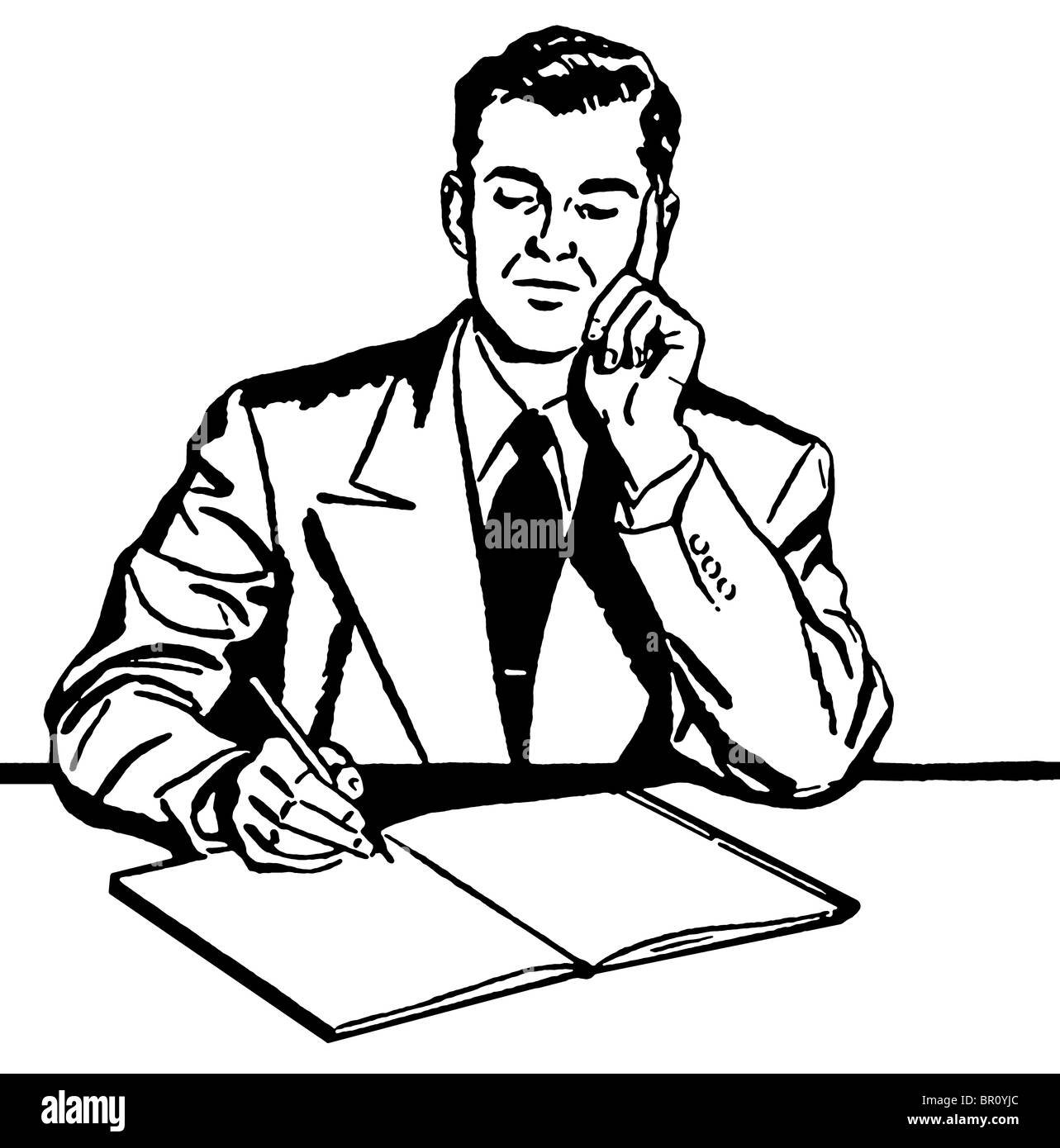 Una versione in bianco e nero di una illustrazione grafica di un uomo d affari lavorando sodo alla sua scrivania Foto Stock