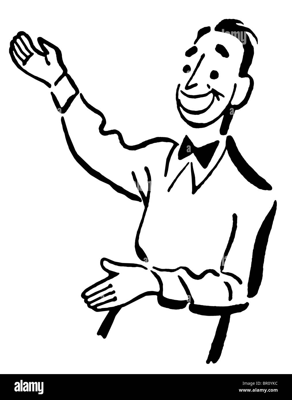 Una versione in bianco e nero di un cartone animato in stile di disegno di un host dirigere gli ospiti Foto Stock