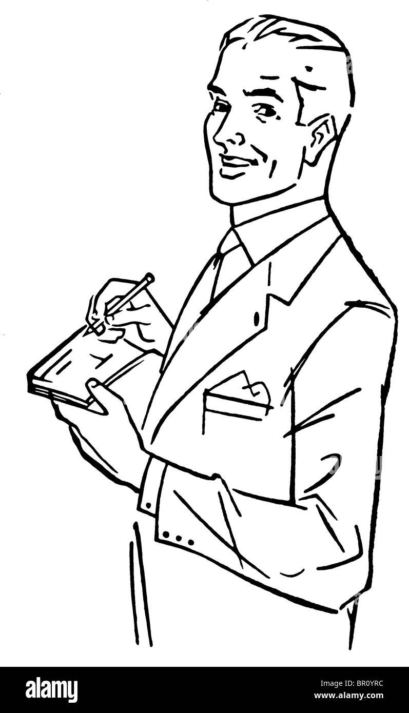 Una versione in bianco e nero di una illustrazione grafica di un uomo la firma di un controllo Foto Stock Una versione in bianco e nero di una illustrazione grafica di un uomo la firma di un controllo Foto Stock