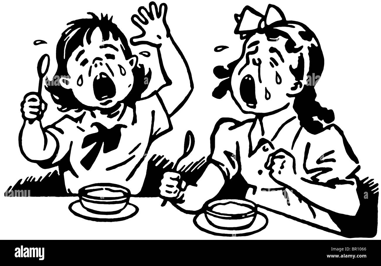 Una versione in bianco e nero di due giovani ragazze a un tavolo per la cena sia il pianto di rabbia Foto Stock