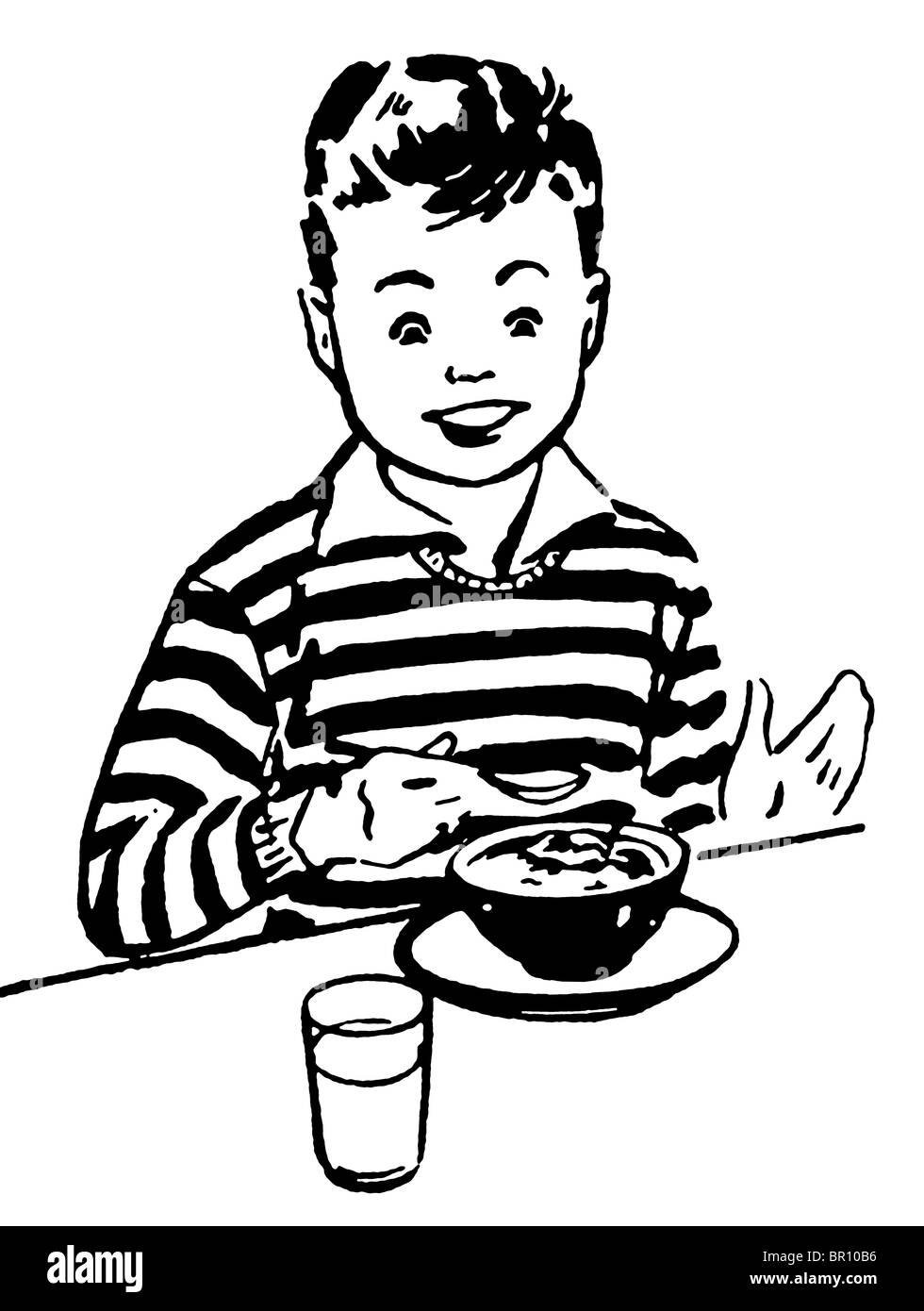 Una versione in bianco e nero di un giovane ragazzo godendo la sua cena Foto Stock