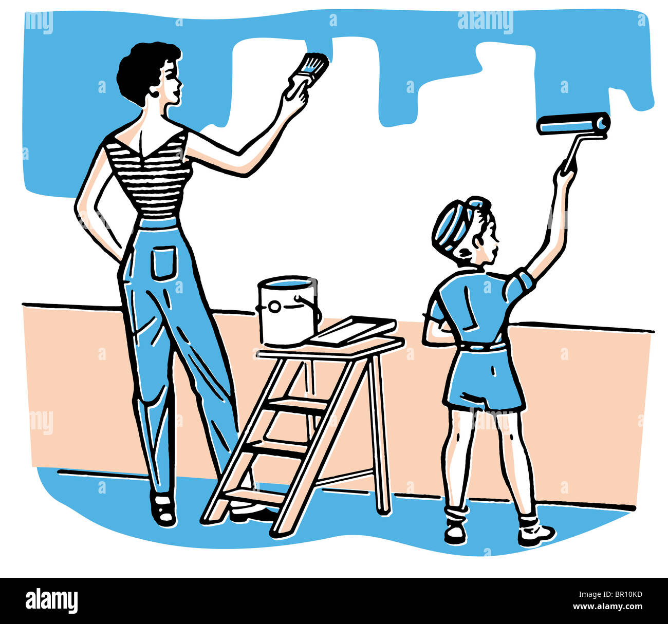 Una madre e un bambino pittura muri insieme Foto Stock