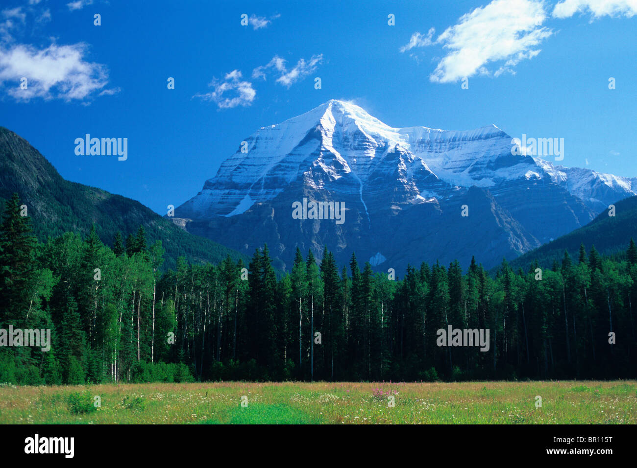 Vista panoramica dell'Imperatore faccia su Mt. Robson come si vede dall'autostrada Stewart-Cassiar in British Columbia, Canada. Foto Stock