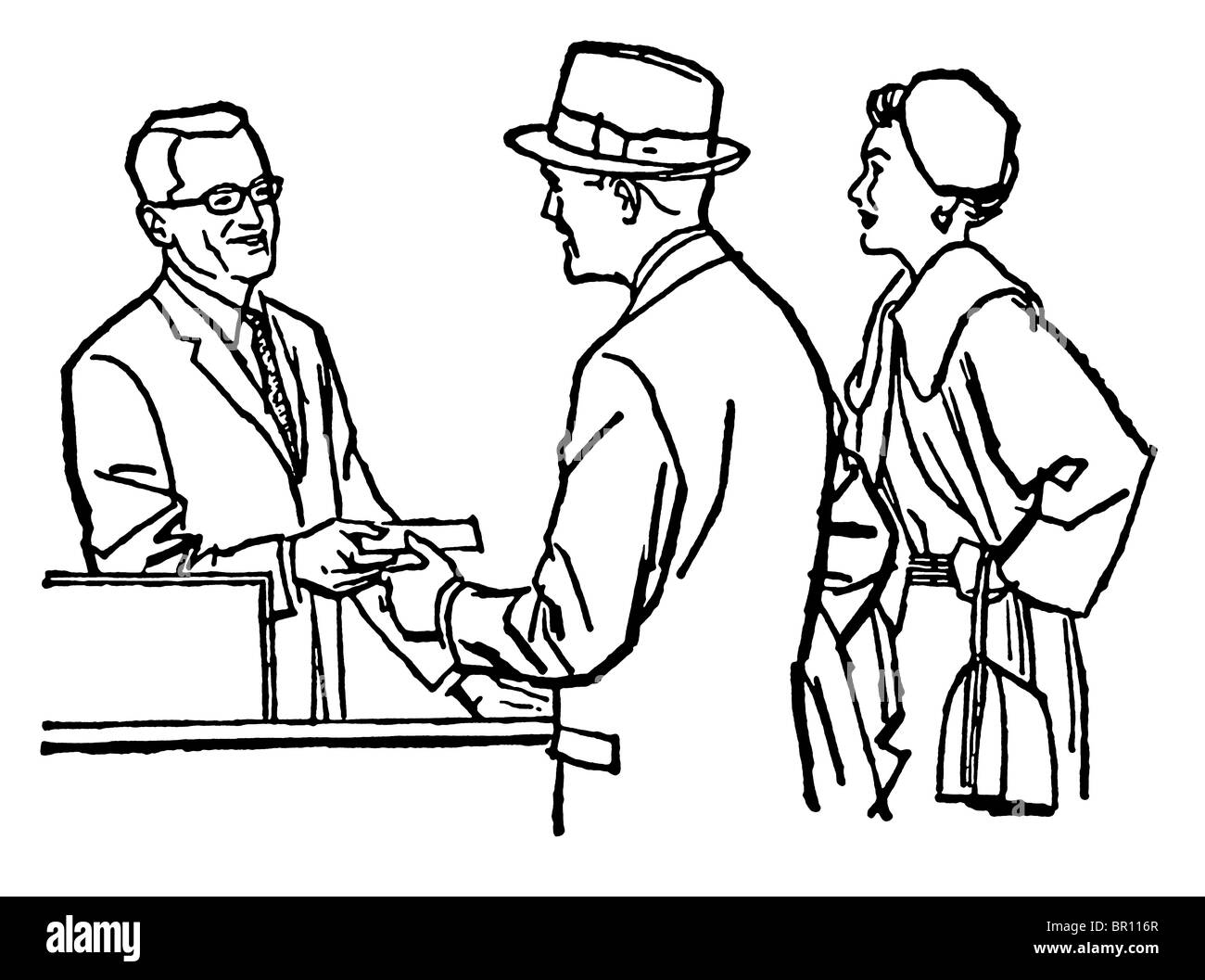 Una versione in bianco e nero di un'annata illustrazione di un paio di parlare con un farmacista Foto Stock