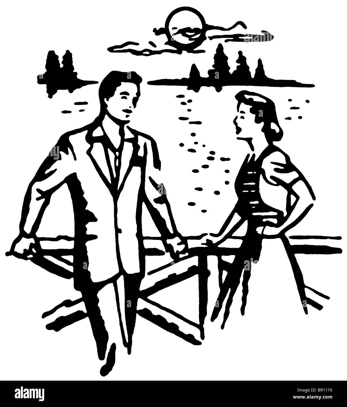 Una versione in bianco e nero di un'illustrazione di un uomo e di una donna su una data Foto Stock