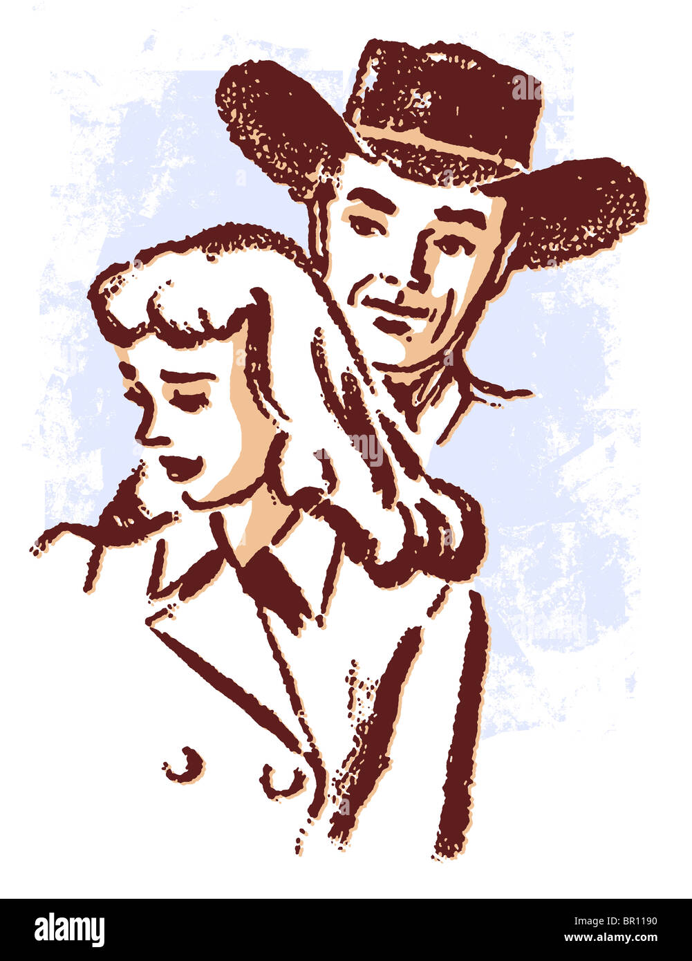 Una illustrazione di un cowboy e un triste cerca donna Foto Stock