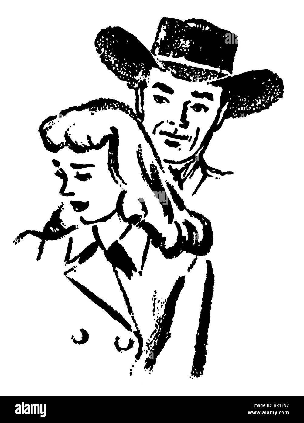 Una versione in bianco e nero di un'illustrazione di un cowboy e un triste cerca donna Foto Stock