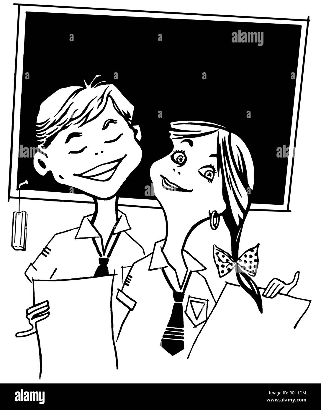 Una versione in bianco e nero di un'illustrazione di due giovani bambini della scuola Foto Stock