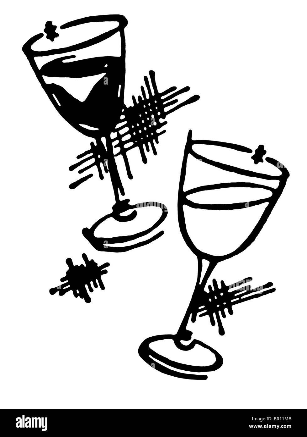 Una versione in bianco e nero di due bicchieri di vino Foto Stock