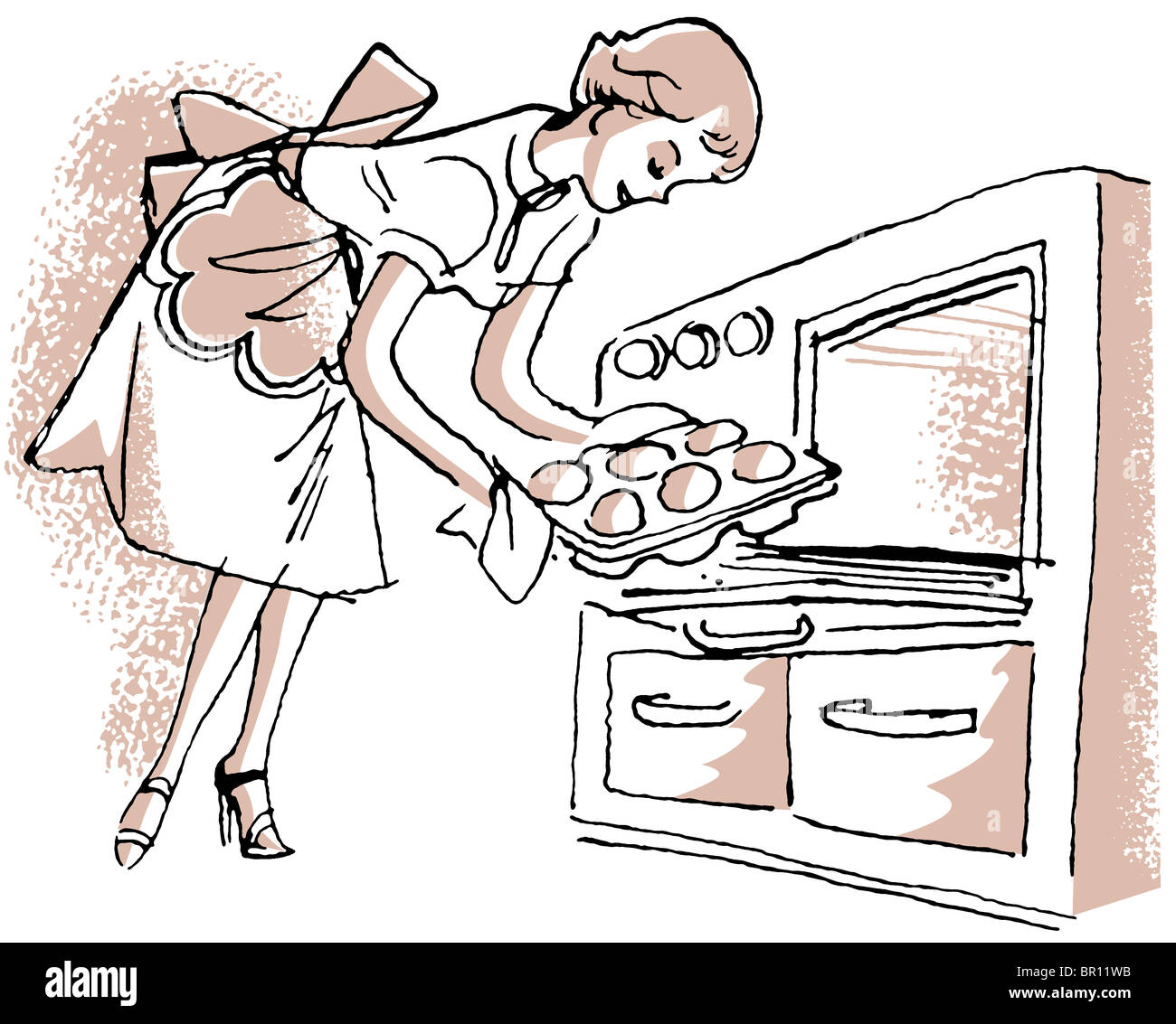 Un vintage illustrazione di una donna rimozione panini dolci da forno Foto Stock