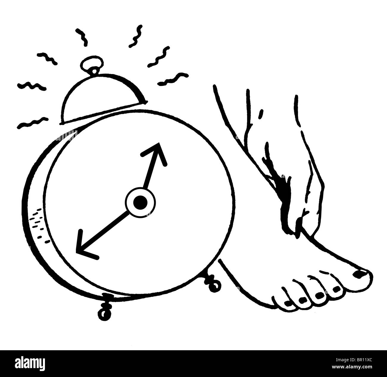 Una versione in bianco e nero di un'illustrazione di un orologio e di un piede Foto Stock