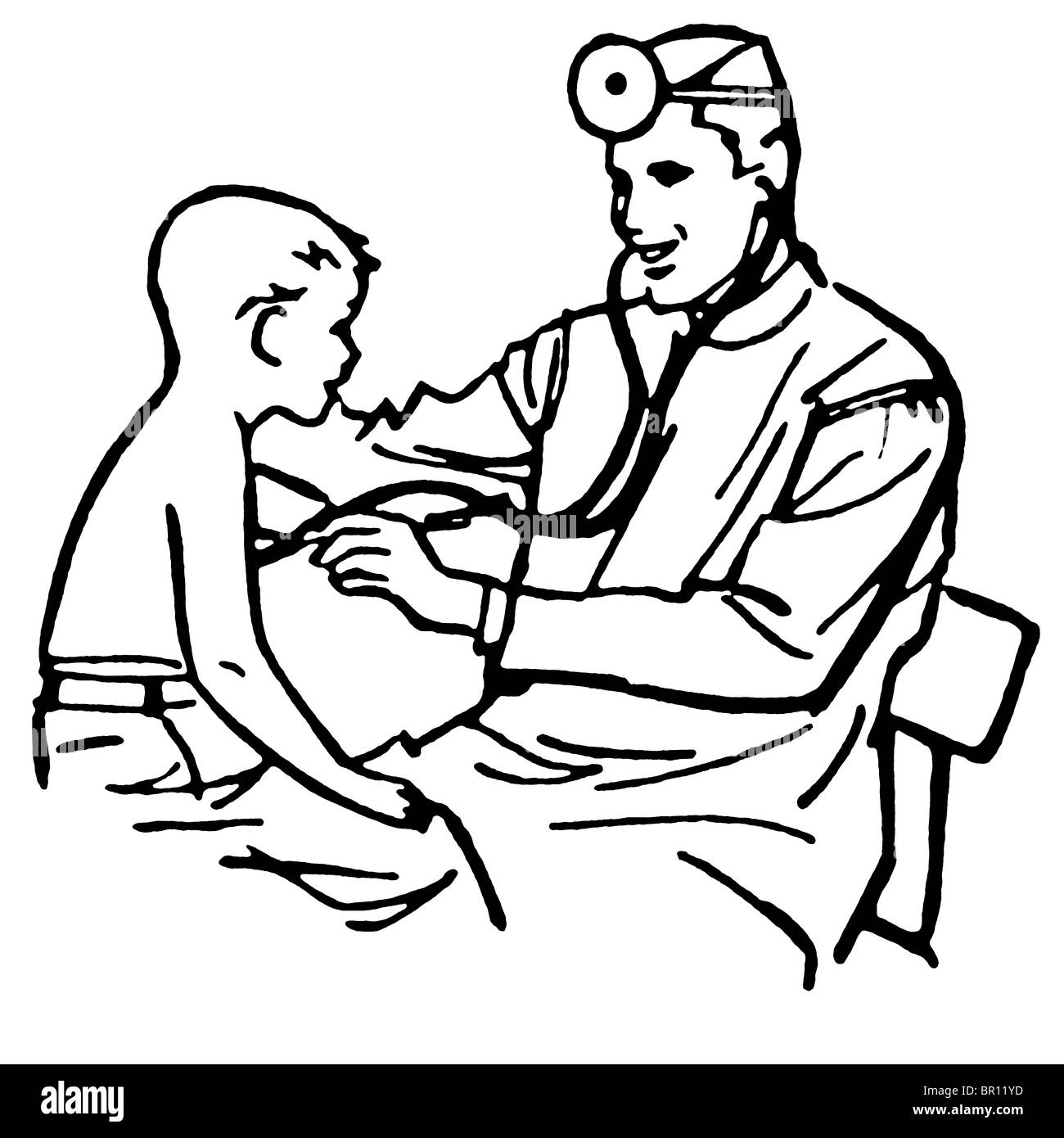 Una versione in bianco e nero di un'annata di disegno di un medico avente una consultazione Foto Stock