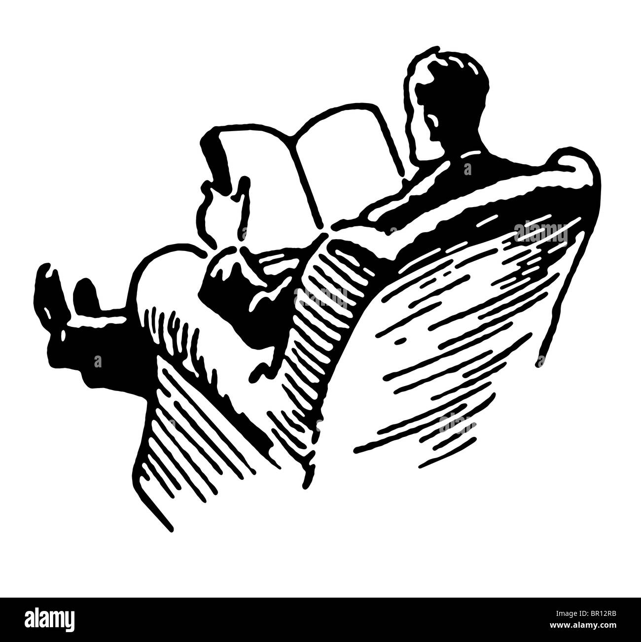 Una versione in bianco e nero di un uomo rilassarsi leggendo un libro Foto Stock