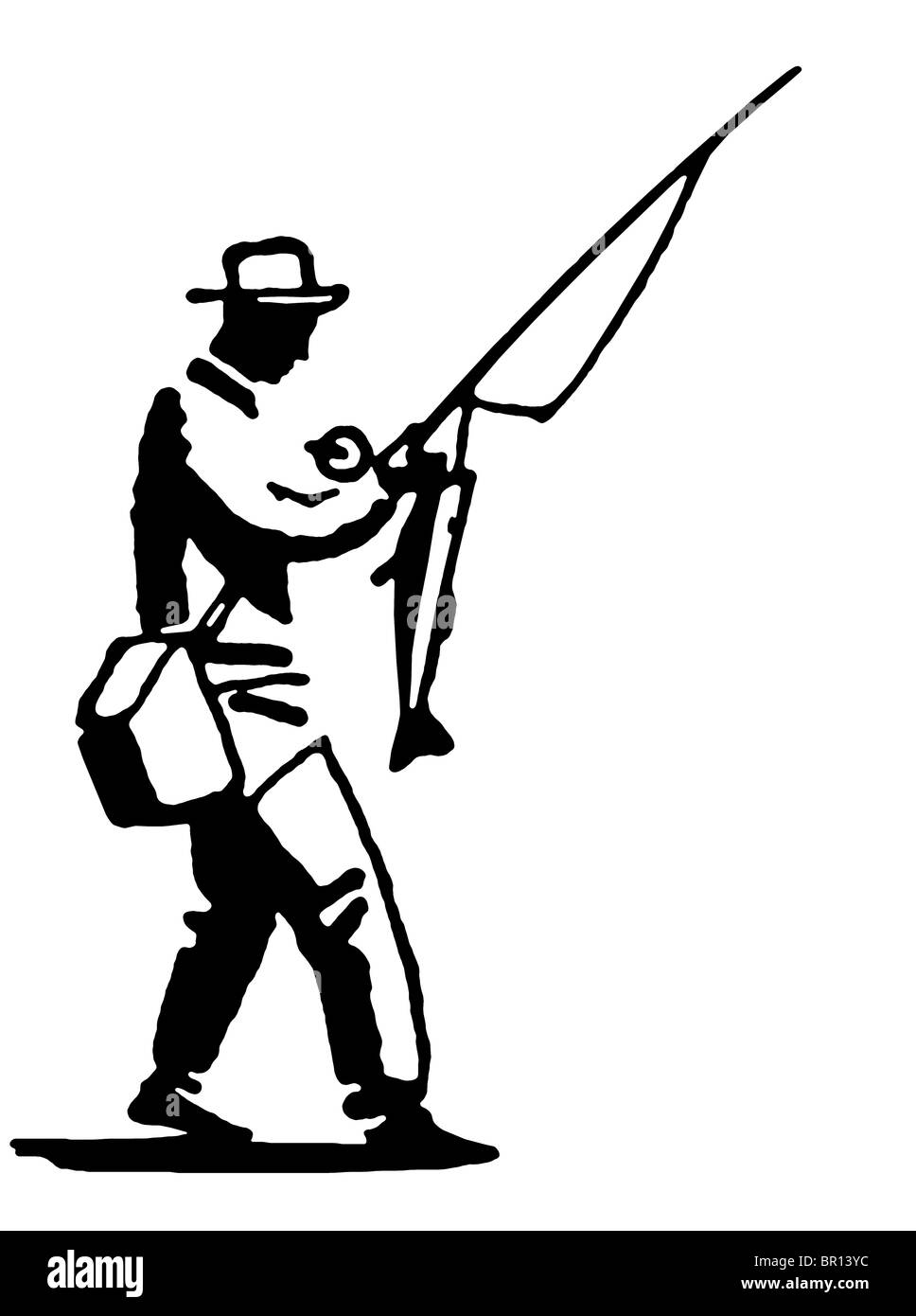 Una versione in bianco e nero di un'illustrazione di un uomo che è stato sulla riuscita di un viaggio di pesca Foto Stock