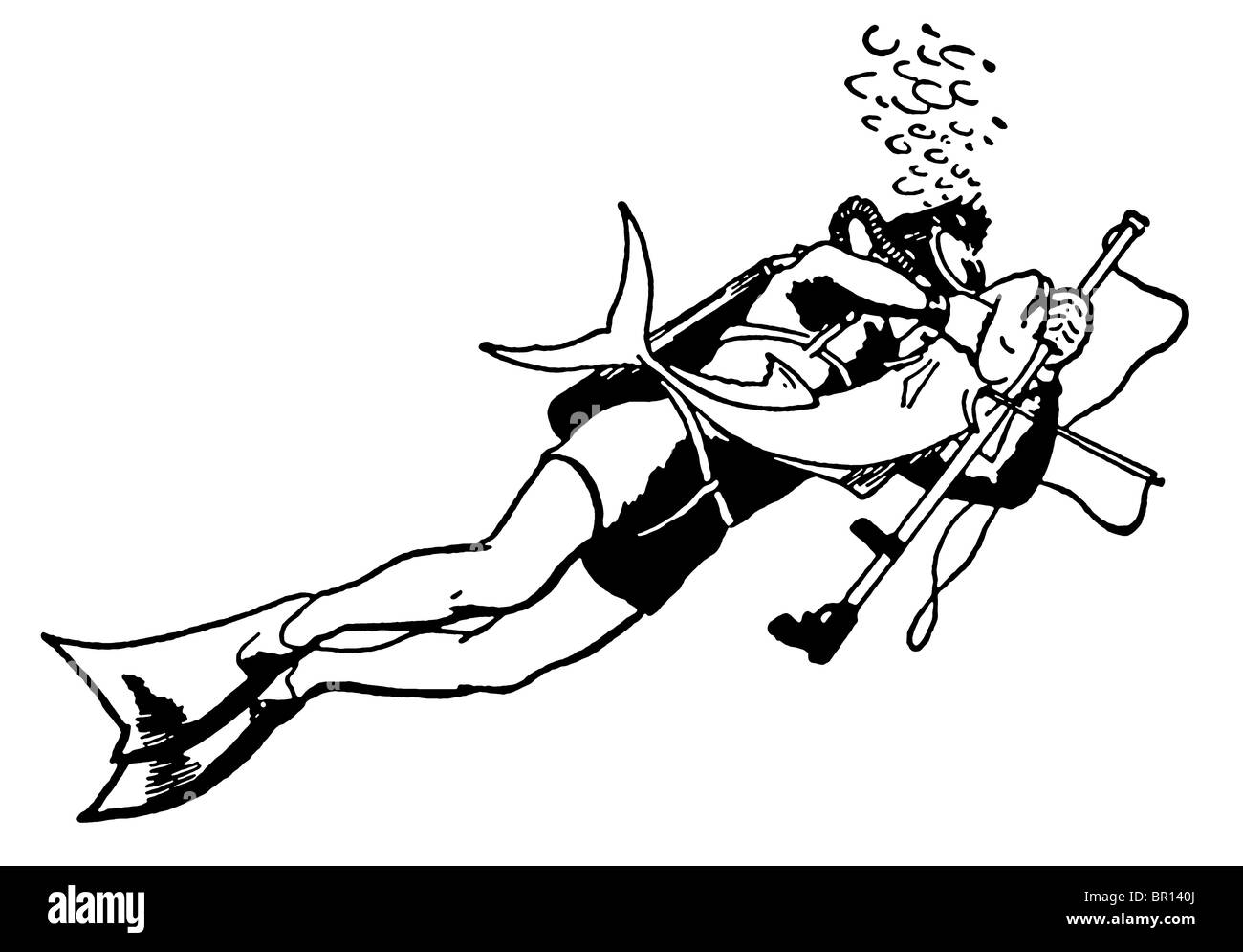 Una versione in bianco e nero di una immagine vintage di una persona scuba diving Foto Stock