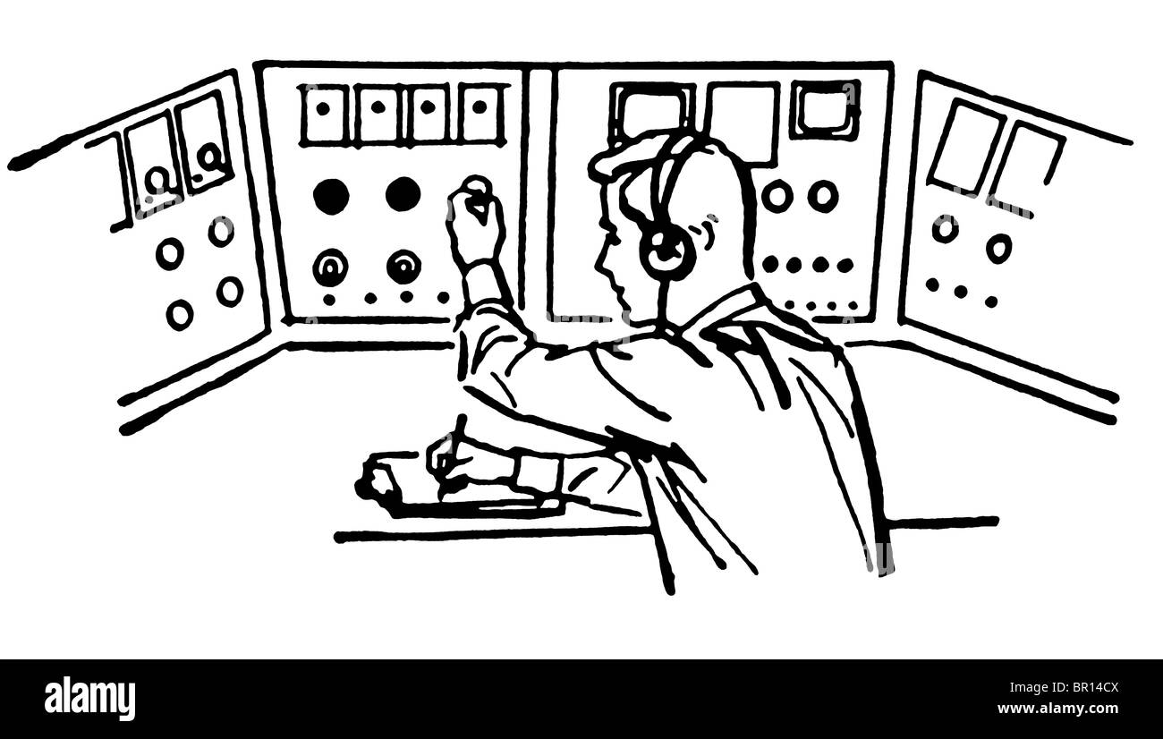 Una versione in bianco e nero di un stile vintage illustrazione di un controllore di volo Foto Stock
