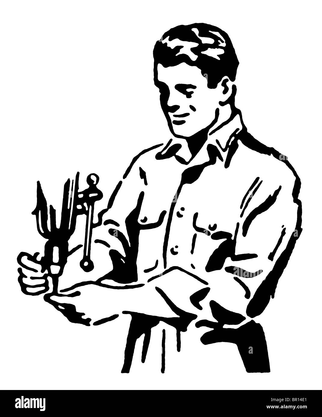 Una versione in bianco e nero di un stile vintage di disegno di un lavoratore edile Foto Stock
