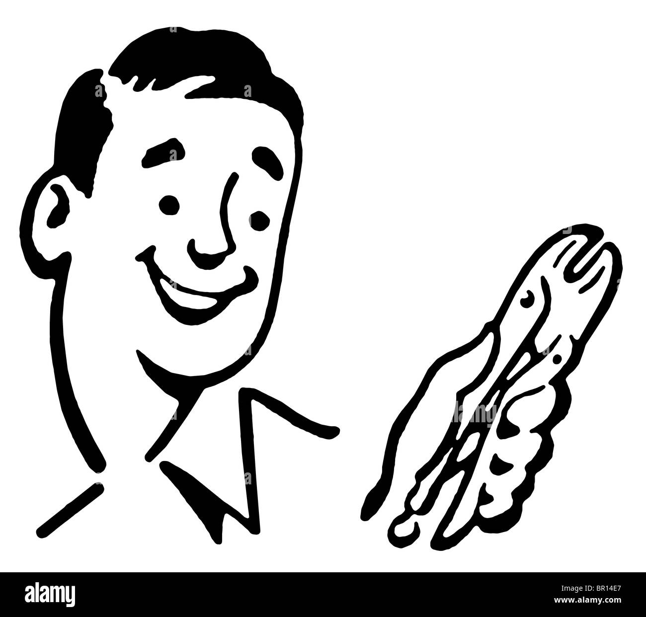 Una versione in bianco e nero di un cartone animato in stile di disegno di un lavoratore edile Foto Stock