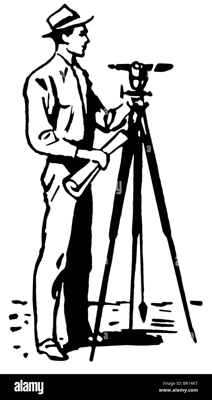 Una versione in bianco e nero di un'annata illustrazione di un uomo il rilevamento della terra Foto Stock Una versione in bianco e nero di un'annata illustrazione di un uomo il rilevamento della terra Foto Stock