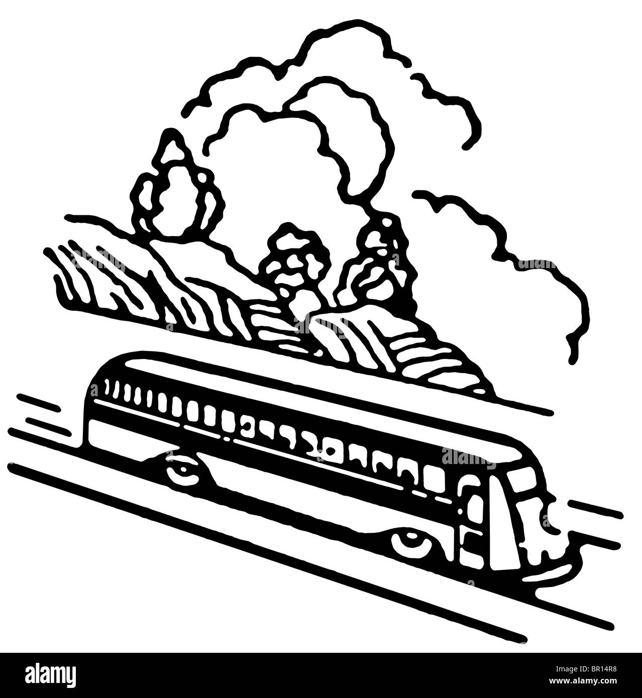 Una versione in bianco e nero di un'annata illustrazione di un bus Foto Stock