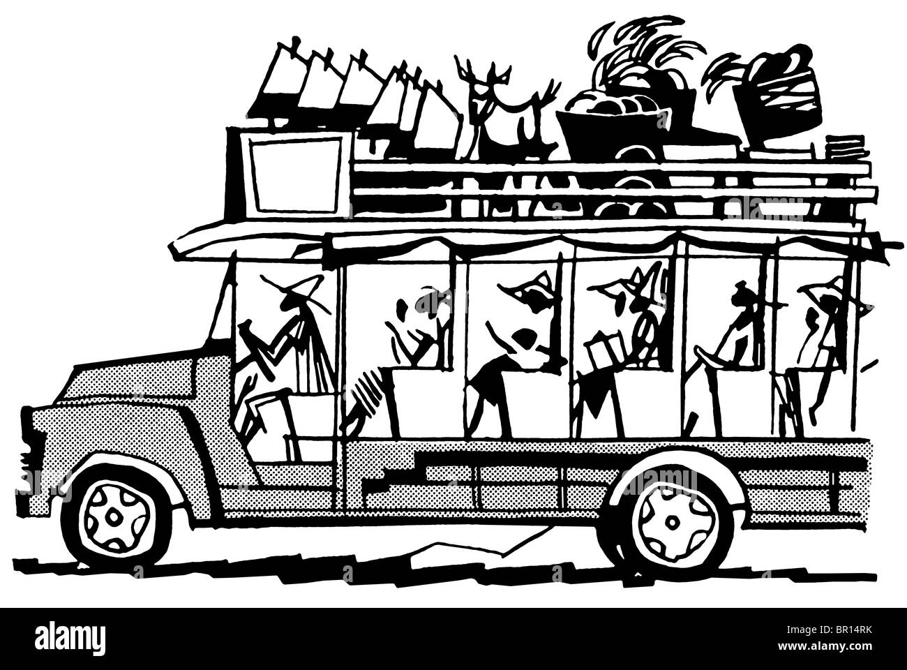 Una versione in bianco e nero di un'annata illustrazione di un bus riempito fino all'orlo Foto Stock