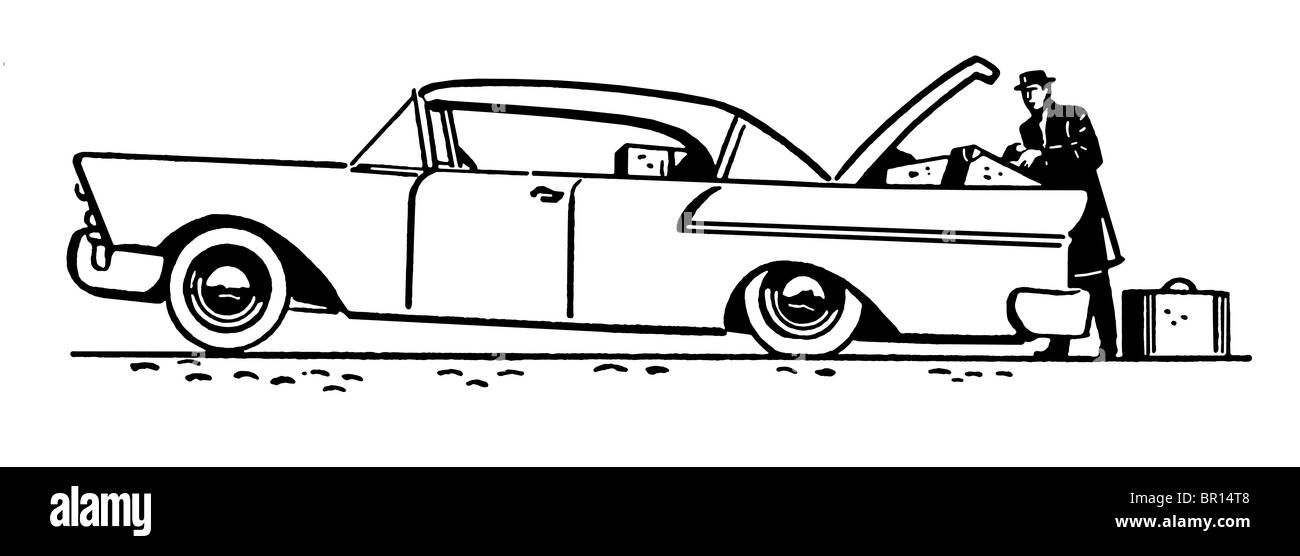 Una versione in bianco e nero di un'annata illustrazione di un auto classica Foto Stock