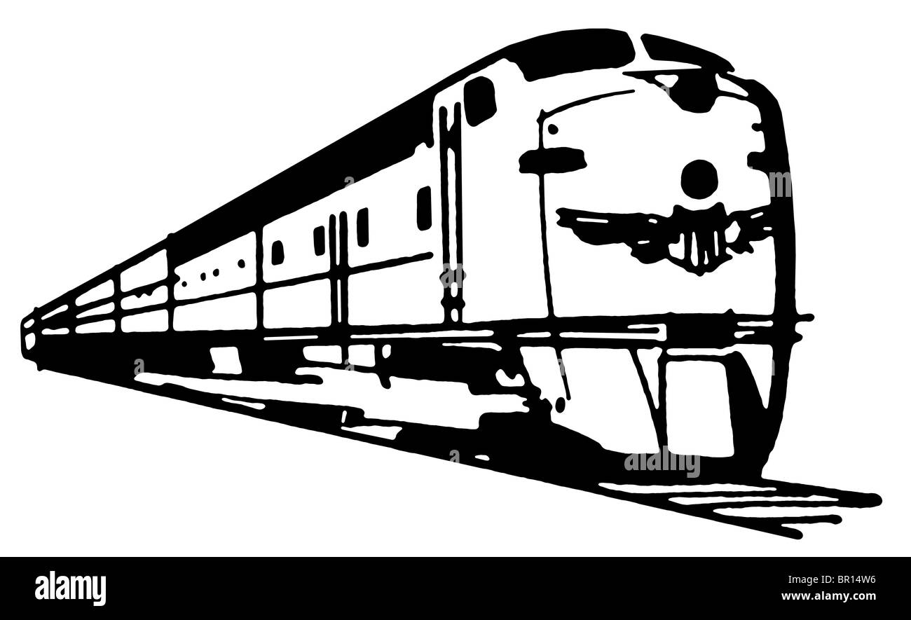 Una versione in bianco e nero di un'annata illustrazione di un treno in movimento Foto Stock