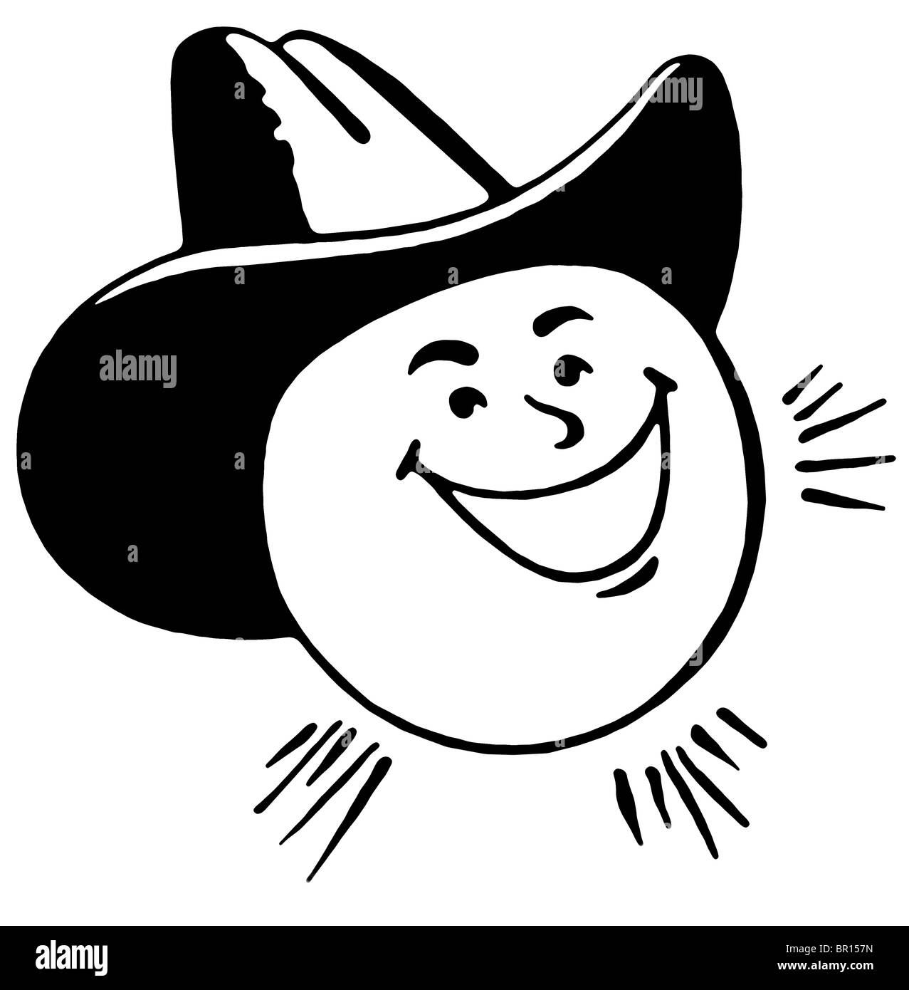 Una versione in bianco e nero di un cartone animato immagine di un sole che indossa un cappello Foto Stock