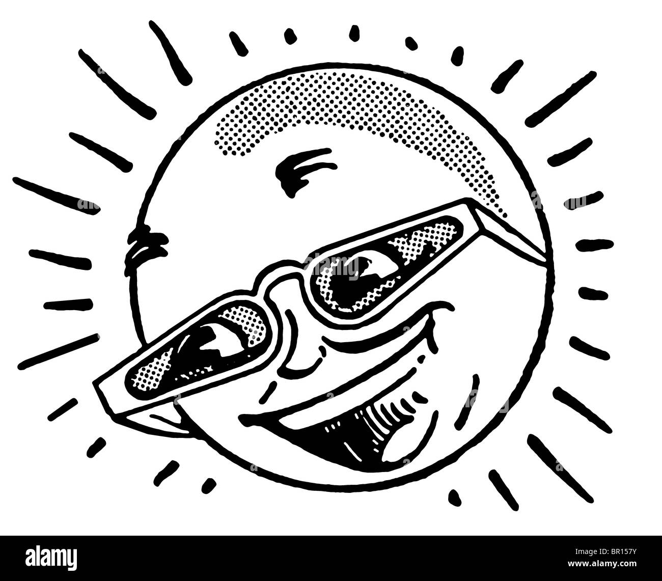 Una versione in bianco e nero di un cartone animato immagine di un sole in bicchieri Foto Stock