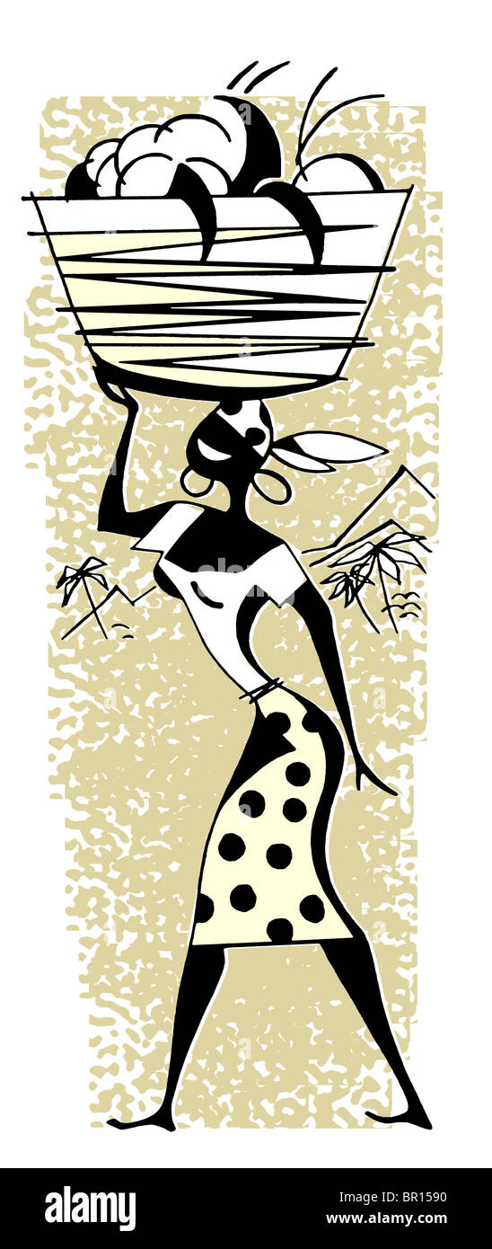 Un vintage illustrazione di una donna che porta le posizioni in un cestello sul suo capo Foto Stock
