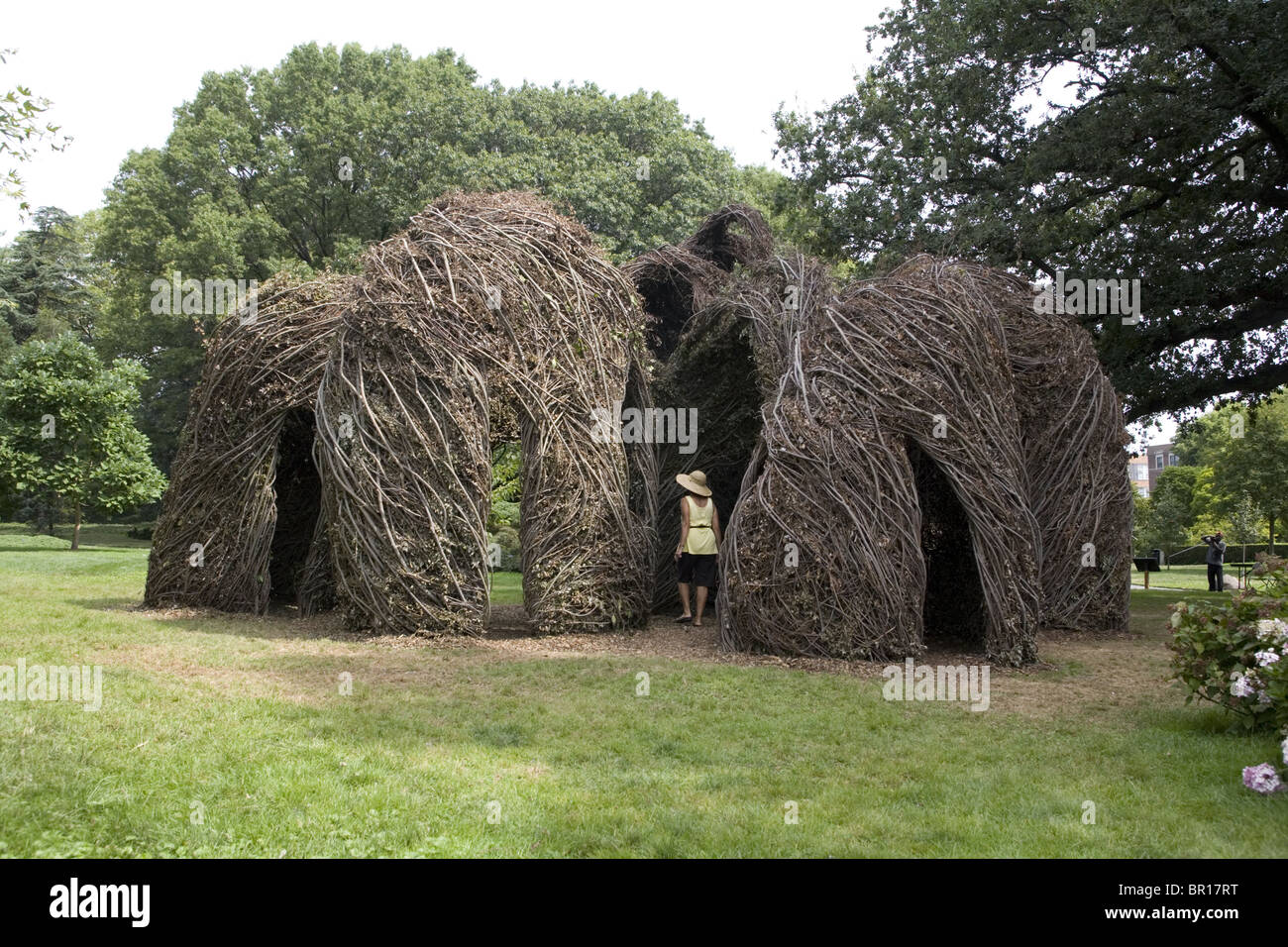 Scultore Patrick Dougherty costruito questa scultura monumentale oltre 3 settimane fuori delle raccolte alberelli al Brooklyn Botanic Garden Foto Stock