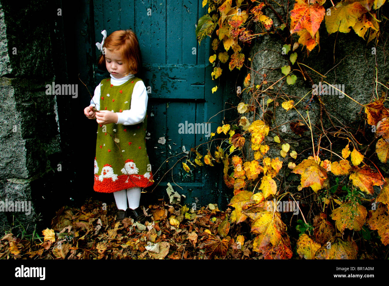 Bambina gioca in foglie Foto Stock