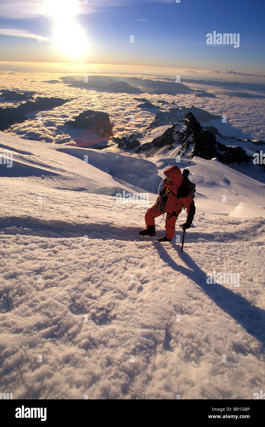 Scalatore summiting Mount Rainier, Washington in condizioni di luce scarsa. Foto Stock