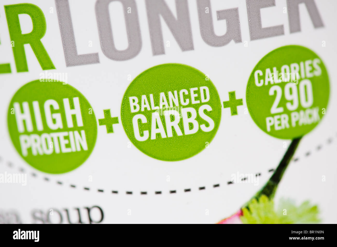 Alto contenuto di proteine e carboidrati equilibrato, food packaging etichetta Foto Stock