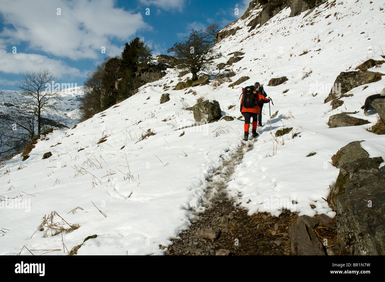 Hill walkers sul timone roccioso in inverno, Easedale, vicino a Grasmere, Lake District, Cumbria, England, Regno Unito Foto Stock