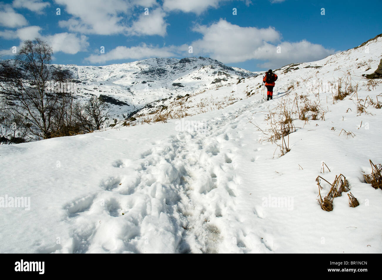 Hill walkers sul timone roccioso in inverno, Easedale, vicino a Grasmere, Lake District, Cumbria, England, Regno Unito Foto Stock