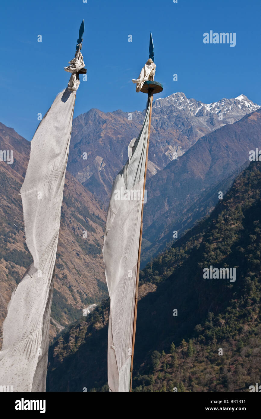 Bandiere buddista sul percorso di trekking a Langtang in Nepal. Foto Stock