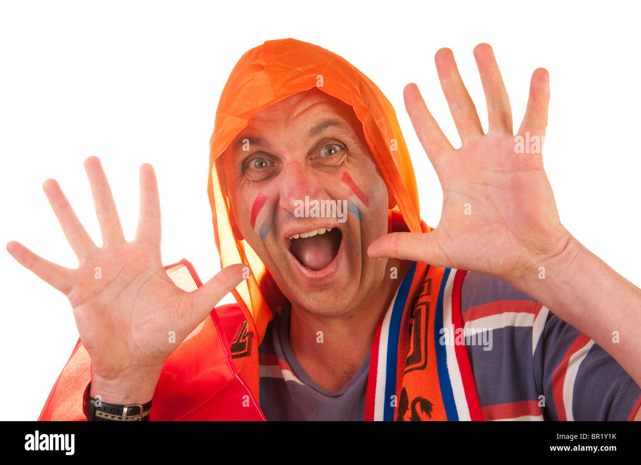 Calcio olandese fan vestito in arancione Foto Stock