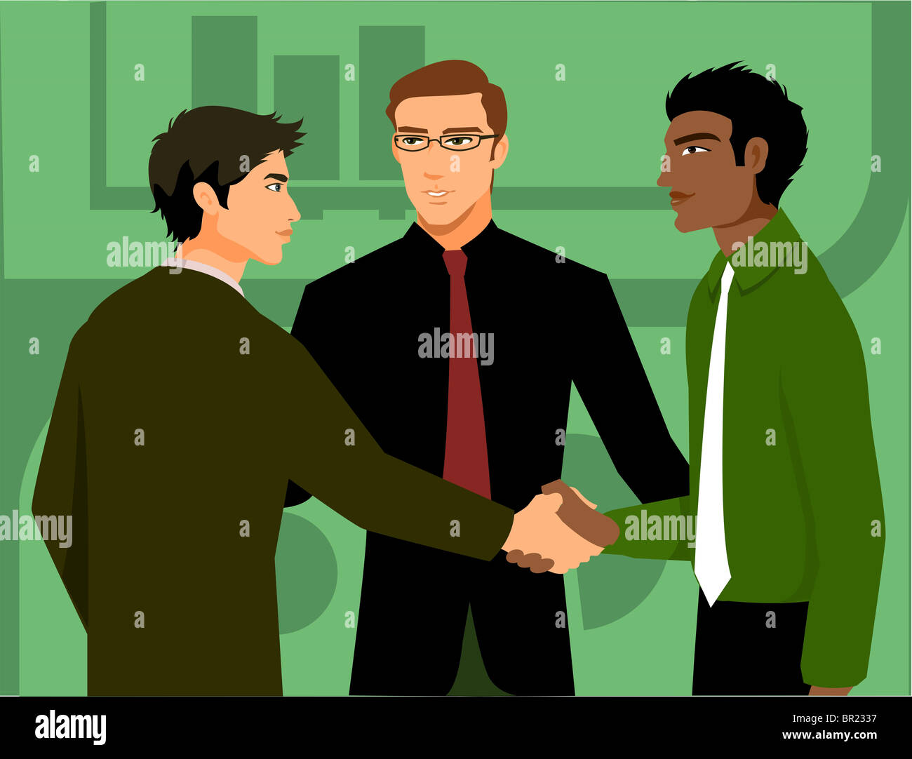 Due uomini stringono le mani, che è introdotta da un terzo uomo Foto Stock