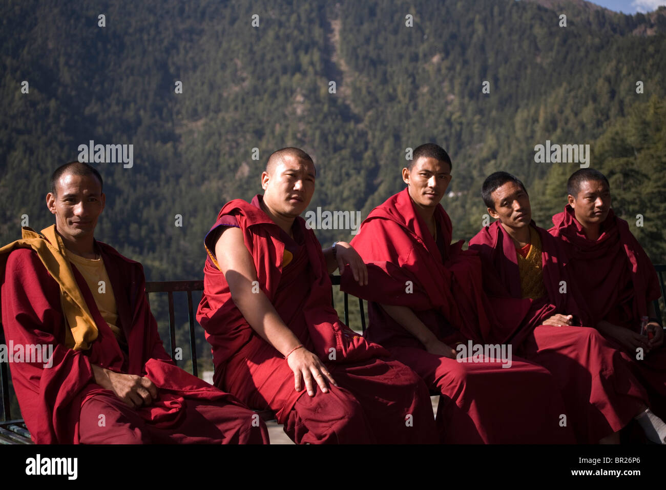 Monaci Tibetani relax su una panchina pubblica Dharamsala, Himachal Pradesh, India. Foto Stock
