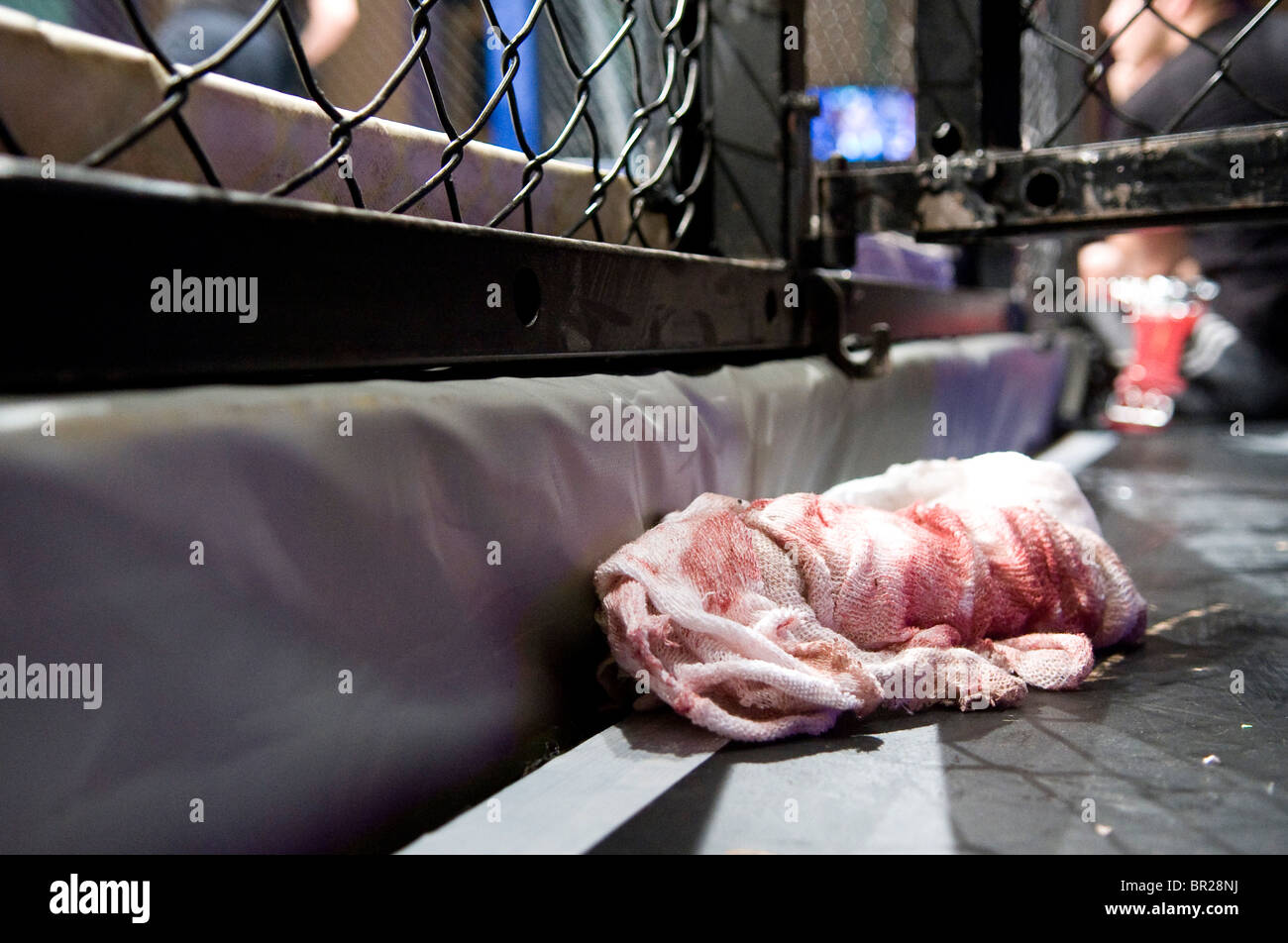 Una sanguinosa rag si trova sul lato di un misto di arti marziali, MMA cage. Ultima sfida miscelato di arti marziali. Troxy Theatre, Londra. Foto Stock