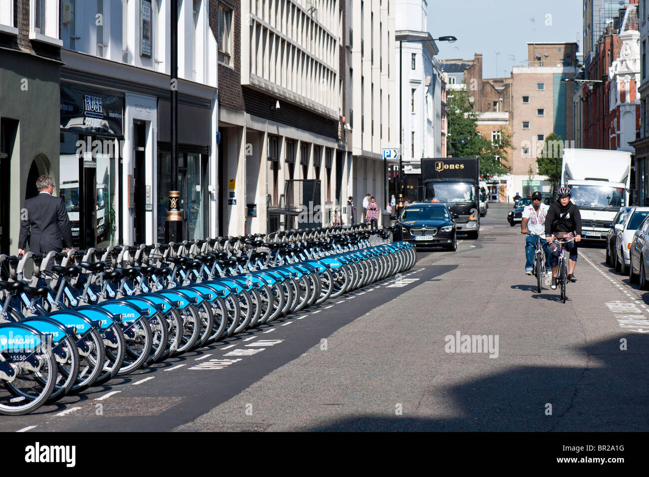 Barclays Cycle Hire schema di progetto, Wells Street, W1, London, Regno Unito Foto Stock