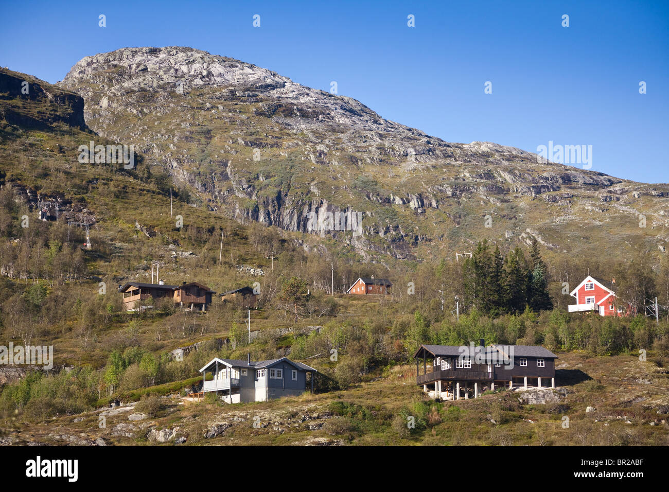 Valle di montagna panorama dal Flåm famose della linea ferroviaria in Norvegia. Foto Stock
